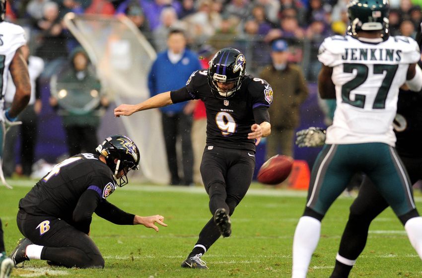 Dec 18, 2016; Baltimore, MD, USA; Baltimore Ravens kicker Justin Tucker (9) kicks a 53 yard field goal in the first quarter against the Philadelphia Eagles at M&T Bank Stadium. Mandatory Credit: Evan Habeeb-USA TODAY Sports