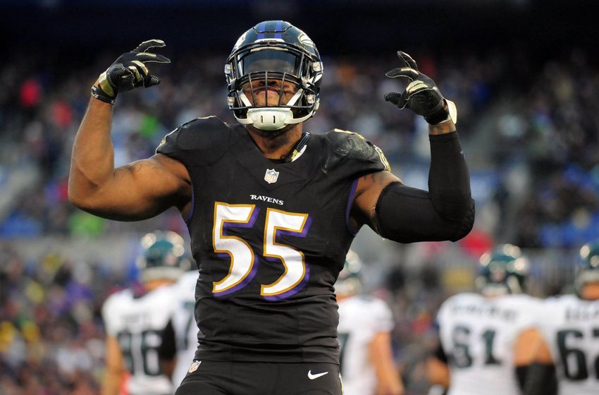 Dec 18, 2016; Baltimore, MD, USA; Baltimore Ravens linebacker Terrell Suggs (55) reacts during the game against the Philadelphia Eagles at M&T Bank Stadium. Mandatory Credit: Evan Habeeb-USA TODAY Sports