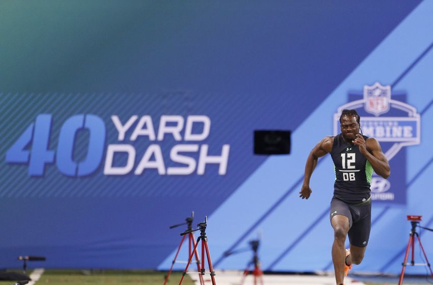 Feb 29, 2016; Indianapolis, IN, USA; Virginia Cavaliers defensive back Maurice Canady runs the 40 yard dash during the 2016 NFL Scouting Combine at Lucas Oil Stadium. Mandatory Credit: Brian Spurlock-USA TODAY Sports