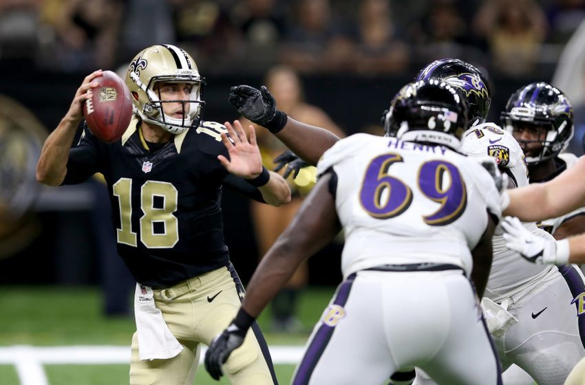 Sep 1, 2016; New Orleans, LA, USA; New Orleans Saints quarterback Garrett Grayson (18) is pressured by Baltimore Ravens defensive tackles Willie Henry (69) and Michael Pierce (78) during the fourth quarter of their game at the Mercedes-Benz Superdome. The Ravens won, 23-14. Mandatory Credit: Chuck Cook-USA TODAY Sports