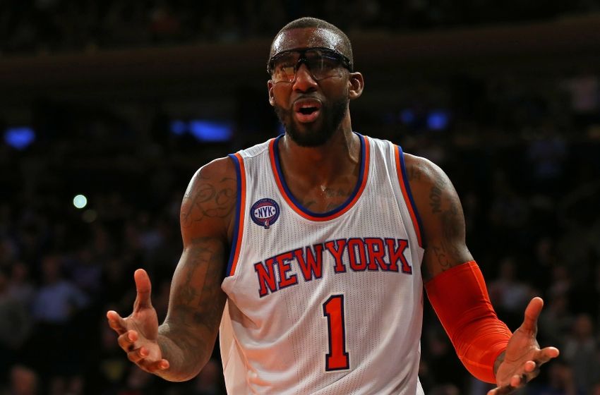 Dec 2, 2014; New York, NY, USA; New York Knicks forward Amar'e Stoudemire (1) reacts against the Brooklyn Nets during the fourth quarter at Madison Square Garden. The Nets won 98-93. Mandatory Credit: Adam Hunger-USA TODAY Sports