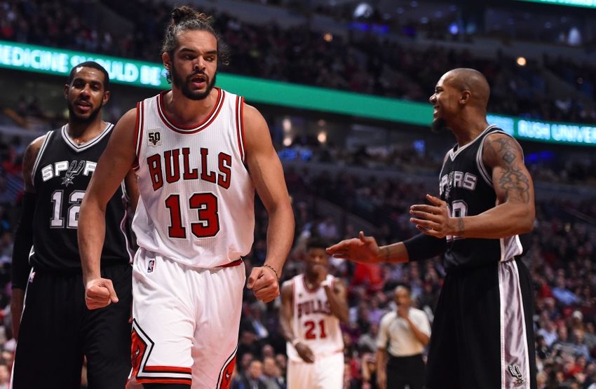 Nov 30, 2015; Chicago, IL, USA; Chicago Bulls center Joakim Noah (13) reacts after a basket against the San Antonio Spurs during the second half at the United Center. The Bulls defeat the Spurs 92-89. Mandatory Credit: Mike DiNovo-USA TODAY Sports