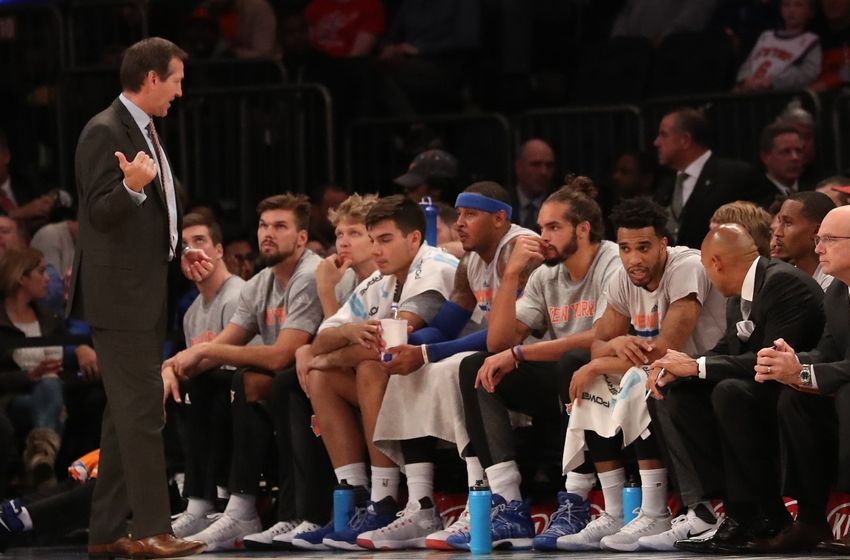 Oct 10, 2016; New York, NY, USA; New York Knicks head coach Jeff Hornacek (L) speaks to his players on the bench during the second quarter against the Washington Wizards at Madison Square Garden. Mandatory Credit: Anthony Gruppuso-USA TODAY Sports