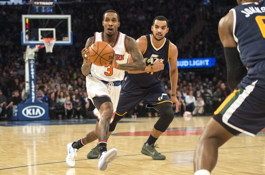 Nov 6, 2016; New York, NY, USA; New York Knicks point guard Brandon Jennings (3) makes a pass against the Utah Jazz during the second quarter at Madison Square Garden. Mandatory Credit: Gregory J. Fisher-USA TODAY Sports