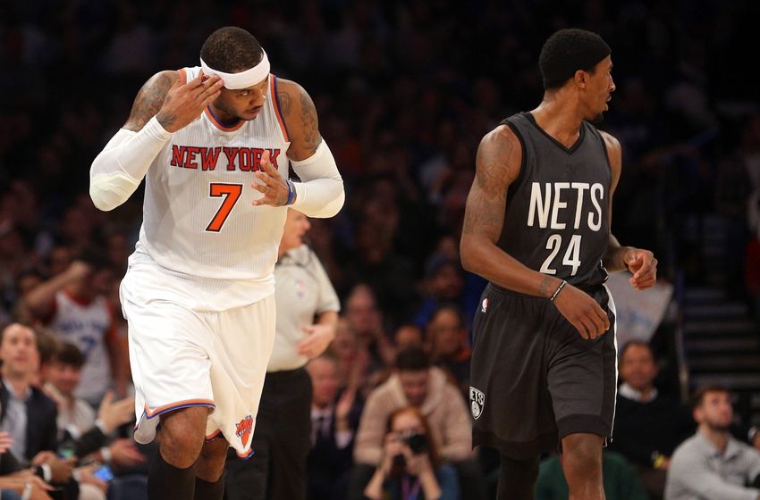 Nov 9, 2016; New York, NY, USA; New York Knicks small forward Carmelo Anthony (7) reacts after hitting a three point shot against the Brooklyn Nets during the second quarter at Madison Square Garden. Mandatory Credit: Brad Penner-USA TODAY Sports