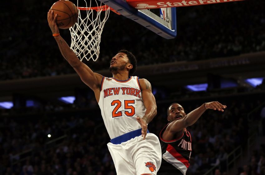 Nov 22, 2016; New York, NY, USA; New York Knicks guard Derrick Rose (25) drives to the basket past Portland Trail Blazers forward Maurice Harkless (4) during the second half at Madison Square Garden. Mandatory Credit: Adam Hunger-USA TODAY Sports