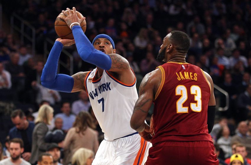 Dec 7, 2016; New York, NY, USA; New York Knicks small forward Carmelo Anthony (7) controls the ball against Cleveland Cavaliers small forward LeBron James (23) during the third quarter at Madison Square Garden. Mandatory Credit: Brad Penner-USA TODAY Sports