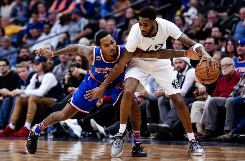 Dec 17, 2016; Denver, CO, USA; New York Knicks guard Brandon Jennings (3) reaches for the ball as Denver Nuggets guard Will Barton (5) defends in the fourth quarter at the Pepsi Center. The Nuggets won 127-114. Mandatory Credit: Isaiah J. Downing-USA TODAY Sports
