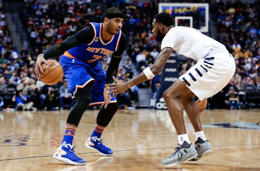 Dec 17, 2016; Denver, CO, USA; Denver Nuggets guard Will Barton (5) guards New York Knicks forward Carmelo Anthony (7) in the third quarter at the Pepsi Center. The Nuggets won 127-114. Mandatory Credit: Isaiah J. Downing-USA TODAY Sports