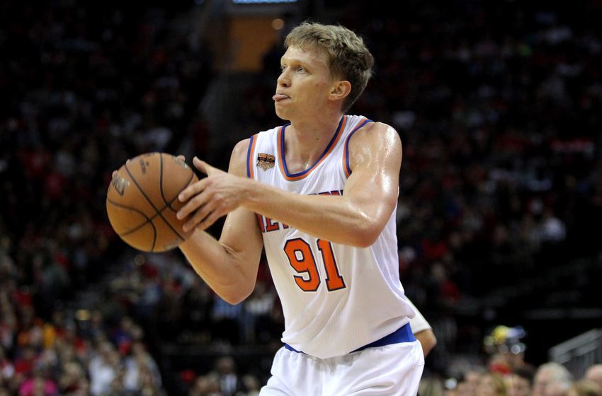 Dec 31, 2016; Houston, TX, USA; New York Knicks forward Mindaugas Kuzminskas (91) shoots a three-point shot against the Houston Rockets during the third quarter at Toyota Center. Mandatory Credit: Erik Williams-USA TODAY Sports