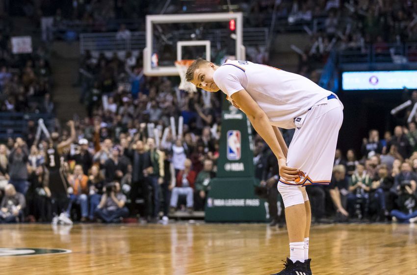 Jan 6, 2017; Milwaukee, WI, USA; New York Knicks forward Kristaps Porzingis (6) reacts after fouling out of the game during the fourth quarter against the Milwaukee Bucks at BMO Harris Bradley Center. New York won 116-111. Mandatory Credit: Jeff Hanisch-USA TODAY Sports