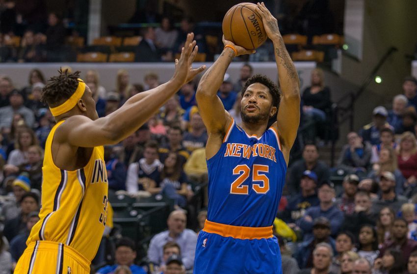 Jan 7, 2017; Indianapolis, IN, USA; New York Knicks guard Derrick Rose (25) shoots the ball while Indiana Pacers center Myles Turner (33) defends in the second quarter of the game at Bankers Life Fieldhouse. Mandatory Credit: Trevor Ruszkowski-USA TODAY Sports