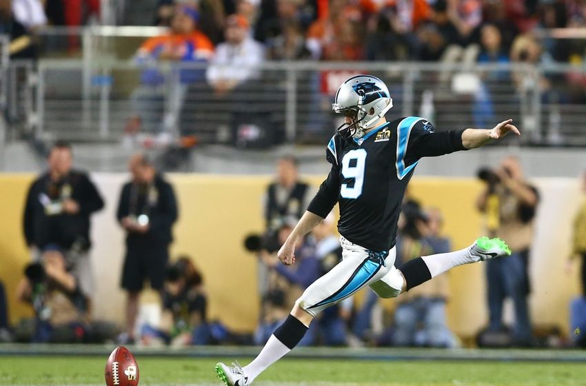 Feb 7, 2016; Santa Clara, CA, USA; Carolina Panthers kicker Graham Gano (9) against the Denver Broncos during Super Bowl 50 at Levi