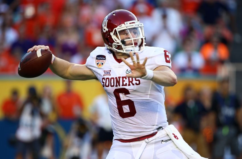 Dec 31, 2015; Miami Gardens, FL, USA; Oklahoma Sooners quarterback Baker Mayfield (6) throws against the Clemson Tigers during the first half of the 2015 CFP semifinal at the Orange Bowl at Sun Life Stadium. Mandatory Credit: Steve Mitchell-USA TODAY Sports