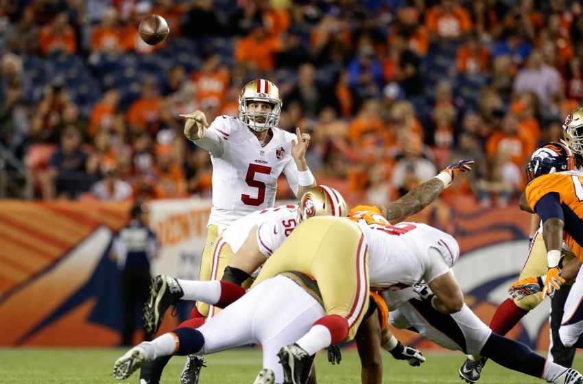 Aug 20, 2016; Denver, CO, USA; San Francisco 49ers quarterback Christian Ponder (5) passes over traffic in the fourth quarter against the Denver Broncos at Sports Authority Field at Mile High. The 49ers defeated the Broncos 31-24. Mandatory Credit: Isaiah J. Downing-USA TODAY Sports