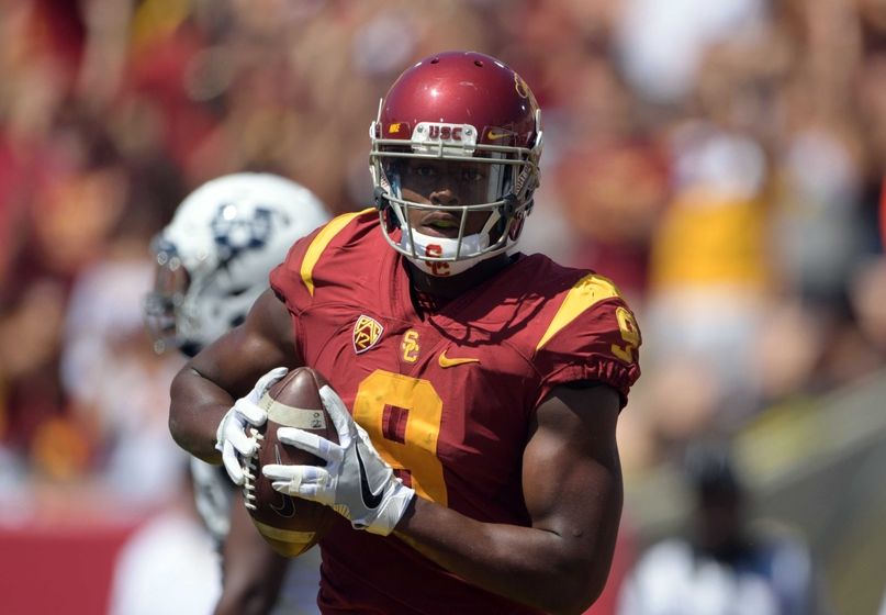 Sep 10, 2016; Los Angeles, CA, USA; USC Trojans receiver JuJu Smith-Schuster (9) celebrates after scoring a touchdown pass against the Utah State Aggies during a NCAA football game at Los Angeles Memorial Coliseum. USC defeated Utah State 45-7. Mandatory Credit: Kirby Lee-USA TODAY Sports