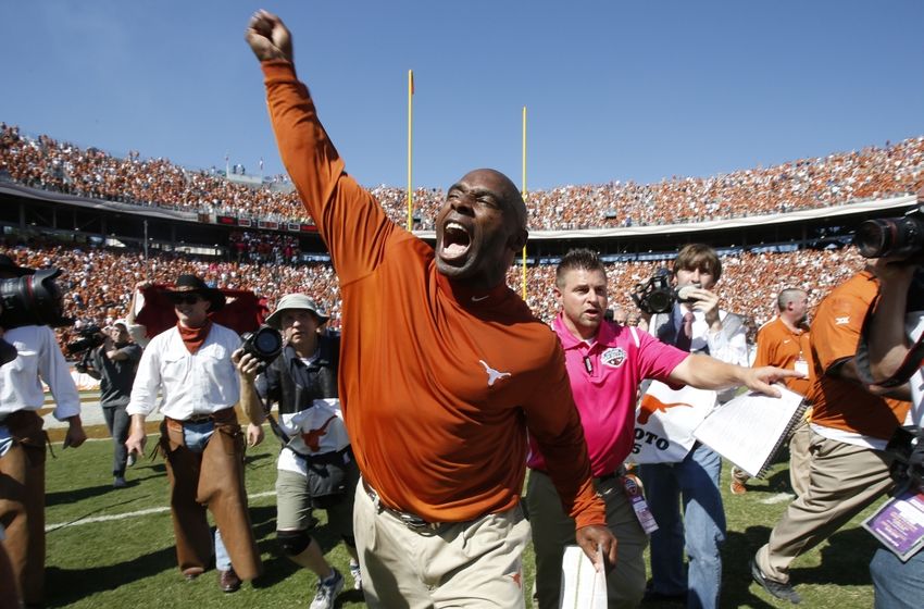Oct 10, 2015; Dallas, TX, USA; Texas Longhorns head coach Charlie Strong celebrates winning the game against the Oklahoma Sooners during the Red River rivalry at Cotton Bowl Stadium. Texas won 24-17. Mandatory Credit: Tim Heitman-USA TODAY Sports
