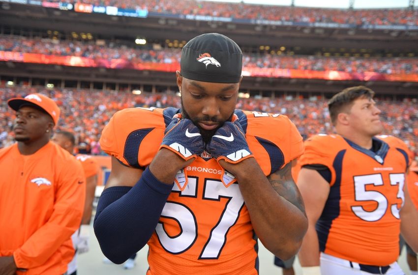 Sep 8, 2016; Denver, CO, USA; Denver Broncos linebacker Dekoda Watson (57) before the start of the game against the Carolina Panthers at Sports Authority Field at Mile High. The Broncos defeated the Panthers 21-20. Mandatory Credit: Ron Chenoy-USA TODAY Sports