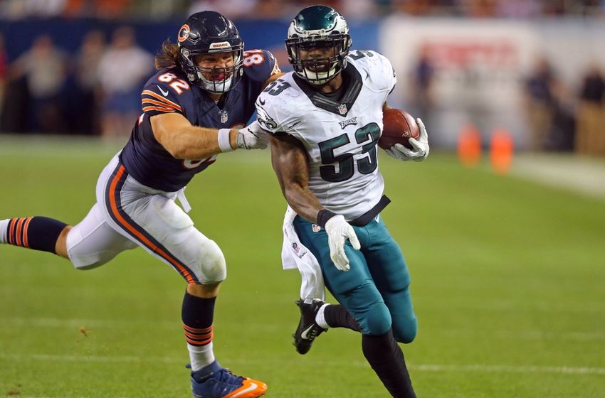 Sep 19, 2016; Chicago, IL, USA; Philadelphia Eagles linebacker Nigel Bradham (53) carries the ball after an interception as Chicago Bears tight end Logan Paulsen (82) defends during the second half at Soldier Field. Philadelphia won 29-14. Mandatory Credit: Dennis Wierzbicki-USA TODAY Sports