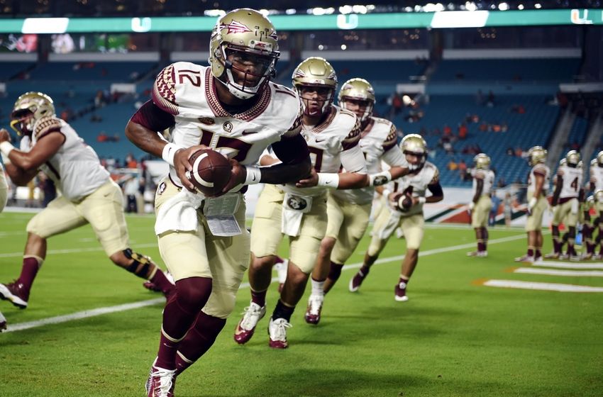 Oct 8, 2016; Miami Gardens, FL, USA; Florida State Seminoles quarterback Deondre Francois (12) warms up before a game against Miami Hurricanes at Hard Rock Stadium. Mandatory Credit: Steve Mitchell-USA TODAY Sports