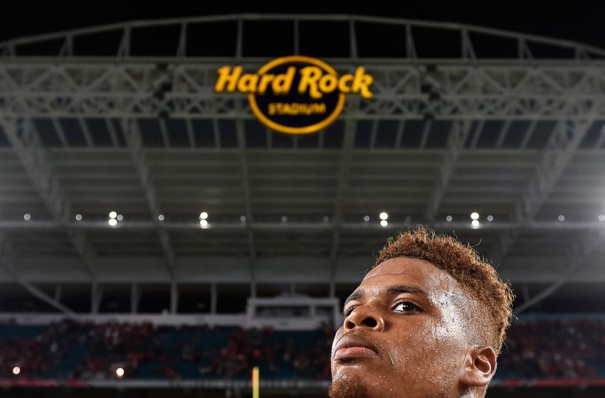 Oct 8, 2016; Miami Gardens, FL, USA; Florida State Seminoles quarterback Deondre Francois (12) waits to be interviewed after defeating the Miami Hurricanes 20-19 at Hard Rock Stadium. Mandatory Credit: Steve Mitchell-USA TODAY Sports