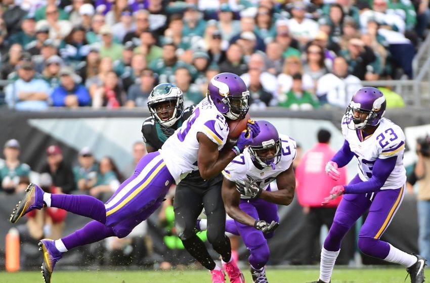Oct 23, 2016; Philadelphia, PA, USA; Minnesota Vikings cornerback Xavier Rhodes (29) intercepts a pass during the first quarter against the Philadelphia Eagles at Lincoln Financial Field. Mandatory Credit: Eric Hartline-USA TODAY Sports