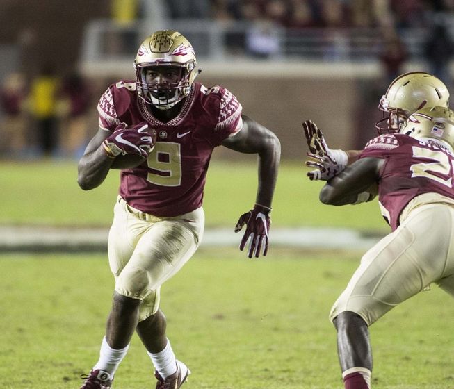 Nov 11, 2016; Tallahassee, FL, USA; Florida State Seminoles running back Jacques Patrick (9) picks up a first down against the Boston College Eagles at Doak Campbell Stadium. Florida State won 45-7. Mandatory Credit: Glenn Beil-USA TODAY Sports