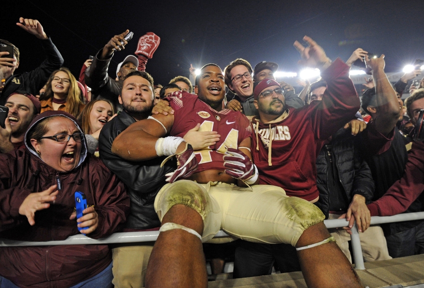 Nov 26, 2016; Tallahassee, FL, USA; Florida State Seminoles defensive end Demarcus Walker (44) celebrates after the Seminoles beat the Florida Gators at Doak Campbell Stadium. Mandatory Credit: Melina Vastola-USA TODAY Sports