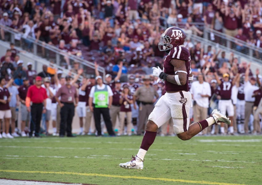 Oct 8, 2016; College Station, TX, USA; Texas A&M Football. Aggies running back Trayveon Williams (5) scores a touchdown against the Tennessee Volunteers during the game at Kyle Field. The Aggies defeat the Volunteers 45-38 in overtime. Mandatory Credit: Jerome Miron-USA TODAY Sports