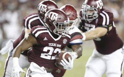 Oct 29, 2016; College Station, TX, USA; Texas A&M Aggies running back Kwame Etwi (22) carries the ball against the New Mexico State Aggies in the second half at Kyle Field. The A&M Aggies won 52-10. Mandatory Credit: Thomas B. Shea-USA TODAY Sports