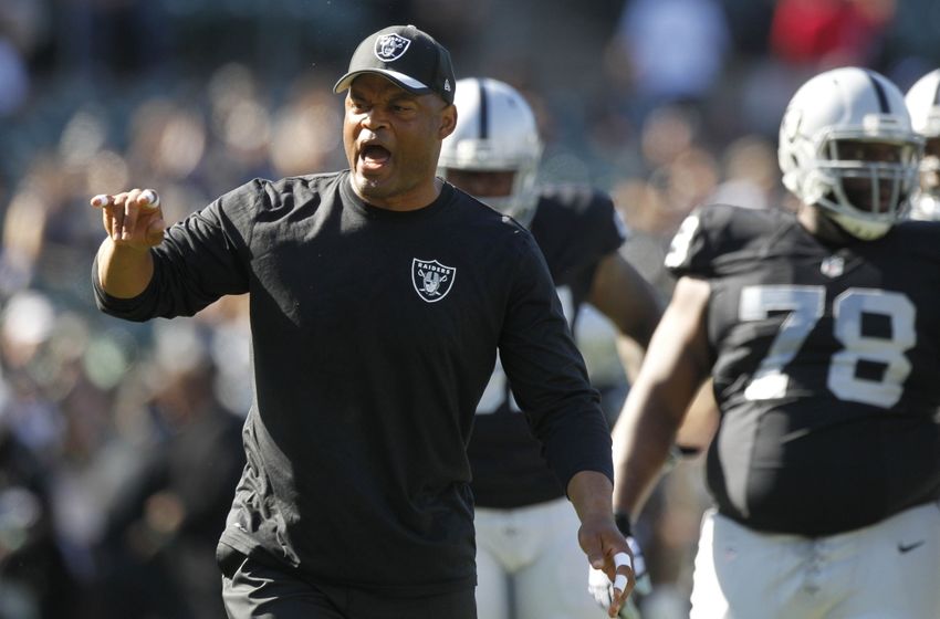 Nov 1, 2015; Oakland, CA, USA; Oakland Raiders defensive coordinator Ken Norton Jr. encourages the defense before the start of the game against the New York Jets at O.co Coliseum. Mandatory Credit: Cary Edmondson-USA TODAY Sports