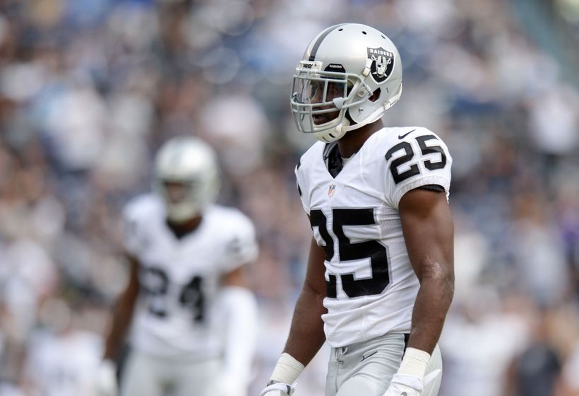 Oct 25, 2015; San Diego, CA, USA; Oakland Raiders cornerback D.J. Hayden (25) looks on during the first quarter against the San Diego Chargers at Qualcomm Stadium. Mandatory Credit: Jake Roth-USA TODAY Sports