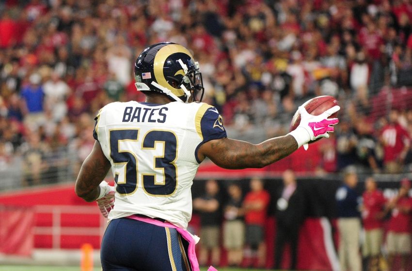 Oct 4, 2015; Glendale, AZ, USA; St. Louis Rams linebacker Daren Bates (53) celebrates after recovering a fumble on the opening kickoff against the Arizona Cardinals at University of Phoenix Stadium. Mandatory Credit: Matt Kartozian-USA TODAY Sports