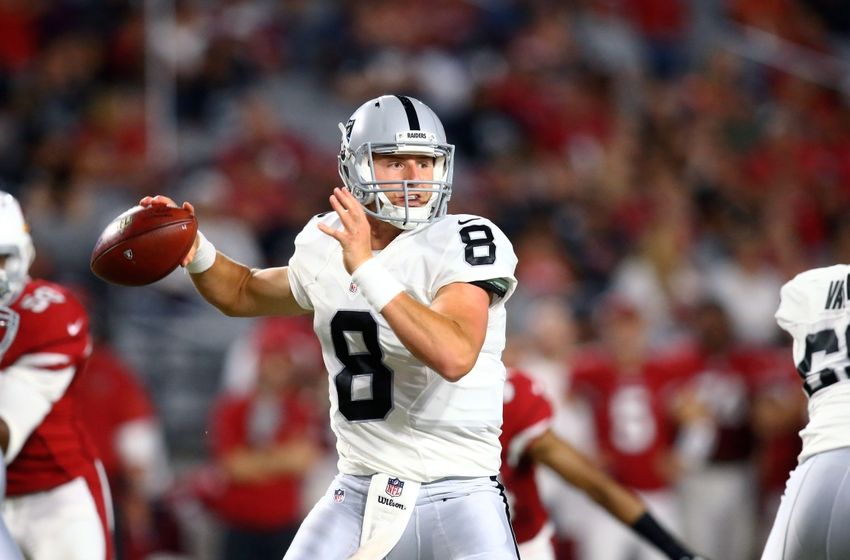 Aug 12, 2016; Glendale, AZ, USA; Oakland Raiders quarterback Connor Cook (8) against the Arizona Cardinals during a preseason game at University of Phoenix Stadium. Mandatory Credit: Mark J. Rebilas-USA TODAY Sports