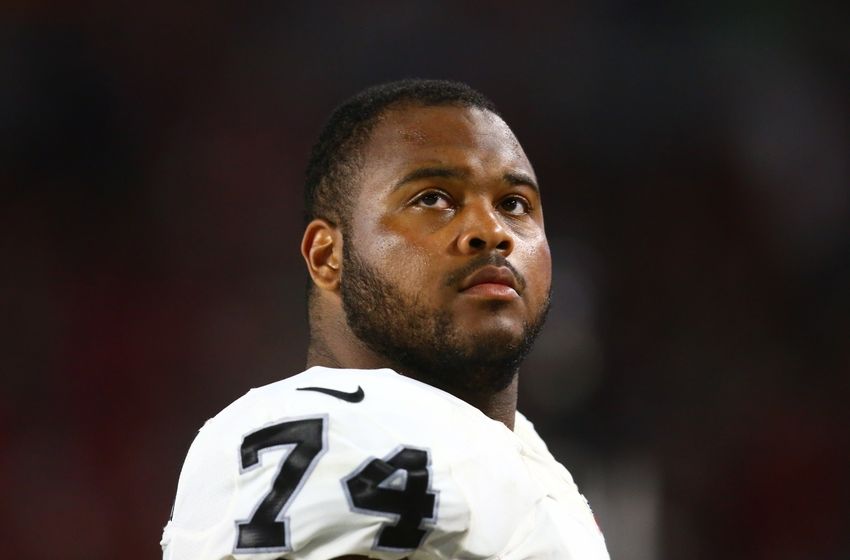 Aug 12, 2016; Glendale, AZ, USA; Oakland Raiders guard Vadal Alexander (74) against the Arizona Cardinals during a preseason game at University of Phoenix Stadium. Mandatory Credit: Mark J. Rebilas-USA TODAY Sports