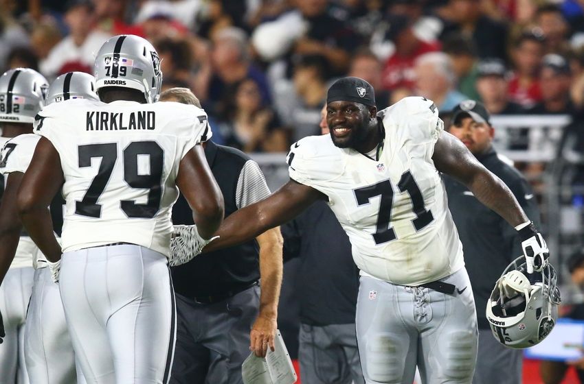 Aug 12, 2016; Glendale, AZ, USA; Oakland Raiders tackle Menelik Watson (71) and guard Denver Kirkland (79) against the Arizona Cardinals during a preseason game at University of Phoenix Stadium. Mandatory Credit: Mark J. Rebilas-USA TODAY Sports