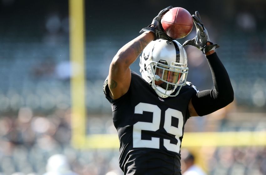 Aug 27, 2016; Oakland, CA, USA; Oakland Raiders cornerback David Amerson (29) catches the ball before the start of the game against the Tennessee Titans at Oakland Alameda Coliseum. Mandatory Credit: Cary Edmondson-USA TODAY Sports