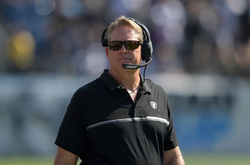 Sep 25, 2016; Nashville, TN, USA; Oakland Raiders head coach Jack Del Rio looks on against the Tennessee Titans at Nissan Stadium. The Raiders won 17-10. Mandatory Credit: Kirby Lee-USA TODAY Sports