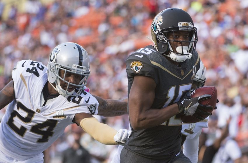 January 31, 2016; Honolulu, HI, USA; Team Irvin wide receiver Allen Robinson of the Jacksonville Jaguars (15) runs against Team Rice strong safety Charles Woodson of the Oakland Raiders (24) during the third quarter of the 2016 Pro Bowl game at Aloha Stadium. Team Irvin defeated Team Rice 49-27. Mandatory Credit: Kyle Terada-USA TODAY Sports