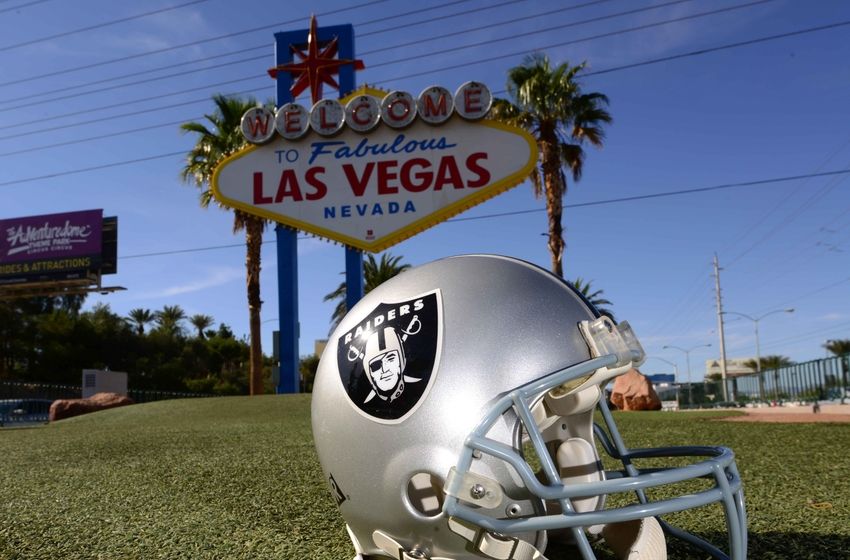 May 11, 2016; Las Vegas, NV, USA; General view of Oakland Raiders helmet at the "Welcome to Fabulous Las Vegas" sign on the Las Vegas strip on Las Vegas Blvd. Raiders owner Mark Davis (not pictured) has pledged $500 million toward building a 65,000-seat domed stadium in Las Vegas at a total cost of $1.4 billion. NFL commissioner Roger Goodell (not pictured) said Davis can explore his options in Las Vegas but would require 24 of 32 owners to approve the move. Mandatory Credit: Kirby Lee-USA TODAY Sports