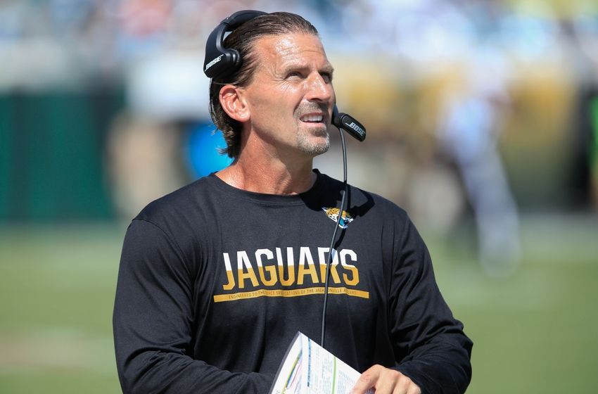 Sep 25, 2016; Jacksonville, FL, USA; Jacksonville Jaguars offensive coordinator Greg Olson on the bench during the second half of a football game against the Baltimore Ravens at EverBank FieldThe Baltimore Ravens won 19-17. Mandatory Credit: Reinhold Matay-USA TODAY Sports