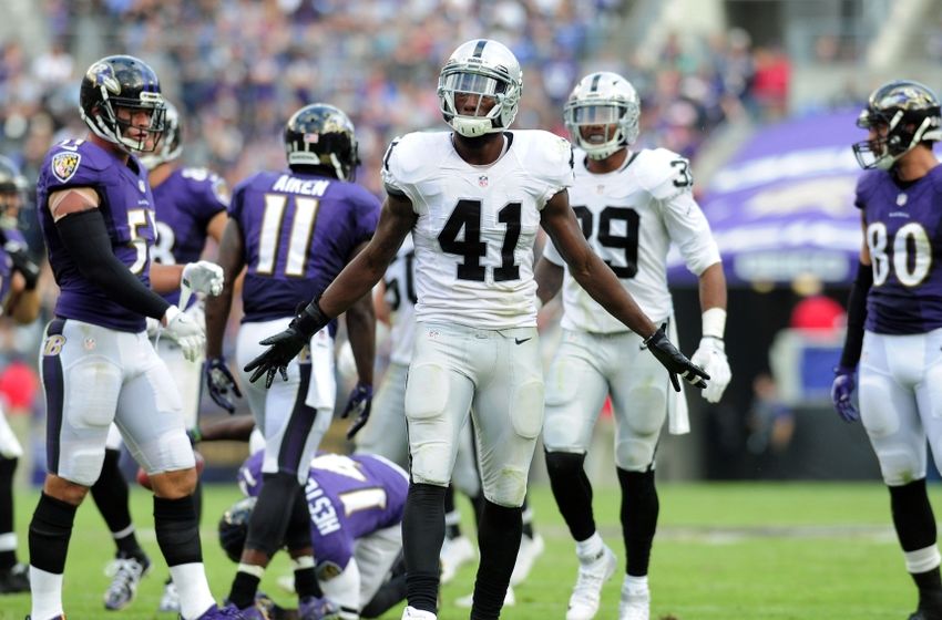Oct 2, 2016; Baltimore, MD, USA; Oakland Raiders safety Brynden Trawick (41) reacts after a tackle in the fourth quarter against the Baltimore Ravens at M&T Bank Stadium. Mandatory Credit: Evan Habeeb-USA TODAY Sports