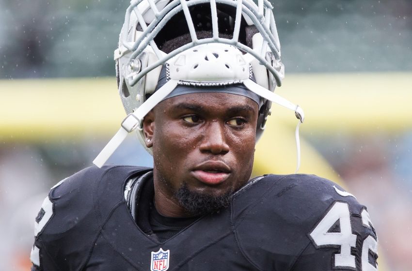 Oct 16, 2016; Oakland, CA, USA; Oakland Raiders strong safety Karl Joseph (42) looks on prior to the game against the Kansas City Chiefs at Oakland Coliseum. Mandatory Credit: Kelley L Cox-USA TODAY Sports