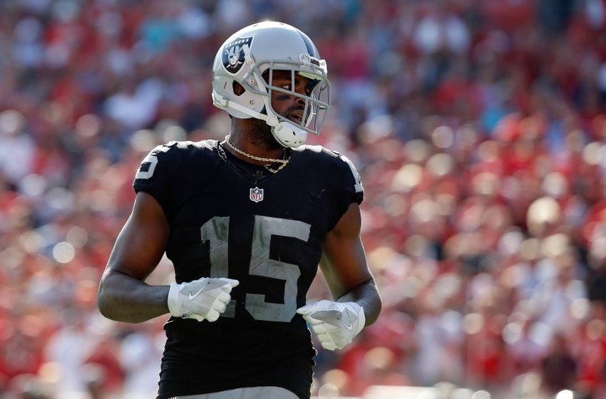 Oct 30, 2016; Tampa, FL, USA; Oakland Raiders wide receiver Michael Crabtree (15) during the second half at Raymond James Stadium. Oakland Raiders defeated the Tampa Bay Buccaneers 30-24 in overtime. Mandatory Credit: Kim Klement-USA TODAY Sports