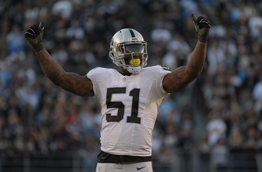 Dec 18, 2016; San Diego, CA, USA; Oakland Raiders linebacker Bruce Irvin (51) reacts during a NFL football game against the San Diego Chargers at Qualcomm Stadium. The Raiders defeated the Chargers 19-16. Mandatory Credit: Kirby Lee-USA TODAY Sports