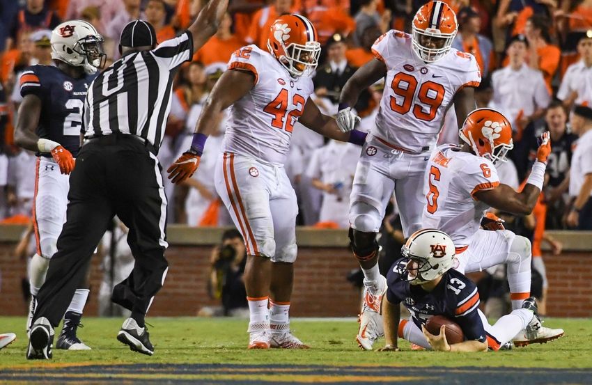 Sep 3, 2016; Auburn, AL, USA; Auburn Tigers quarterback Sean White (13) lays on the ground after being tackled by Clemson Tigers linebacker Dorian O