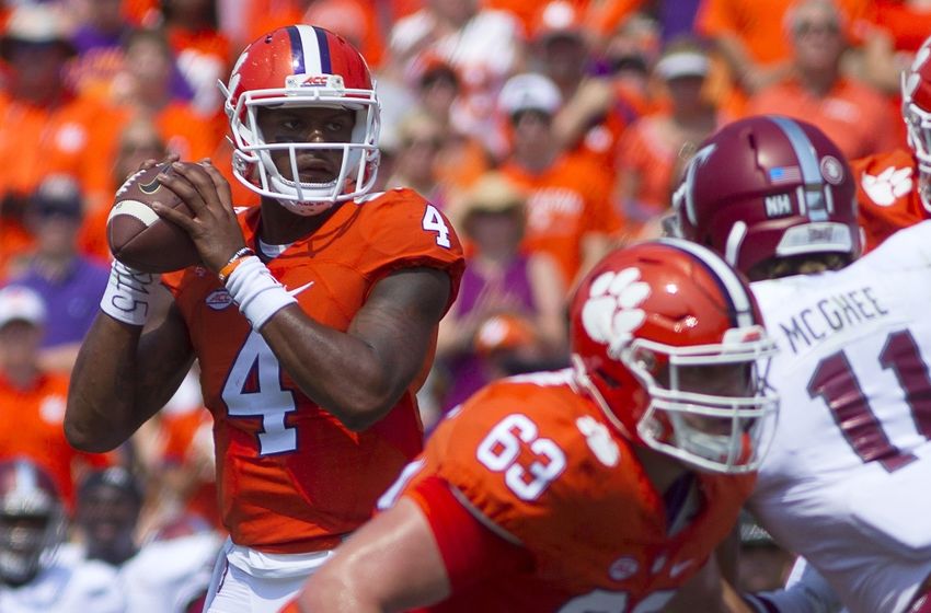 Sep 10, 2016; Clemson, SC, USA; Clemson Tigers quarterback Deshaun Watson (4) looks to pass the ball during the first quarter against the Troy Trojans at Clemson Memorial Stadium. Mandatory Credit: Joshua S. Kelly-USA TODAY Sports