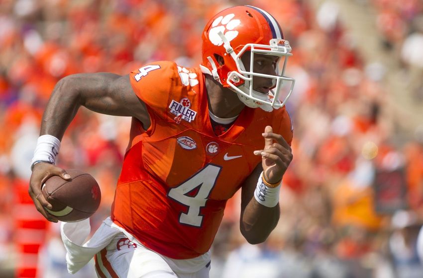 Sep 10, 2016; Clemson, SC, USA; Clemson Tigers quarterback Deshaun Watson (4) carries the ball during the second half against the Troy Trojans at Clemson Memorial Stadium. Mandatory Credit: Joshua S. Kelly-USA TODAY Sports