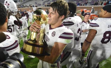 Nov 26, 2016; Oxford, MS, USA; Mississippi State Bulldogs quarterback Nick Fitzgerald (7) celebrates after the game against the Mississippi Rebels at Vaught-Hemingway Stadium. Mississippi State won 55-20 Mandatory Credit: Matt Bush-USA TODAY Sports