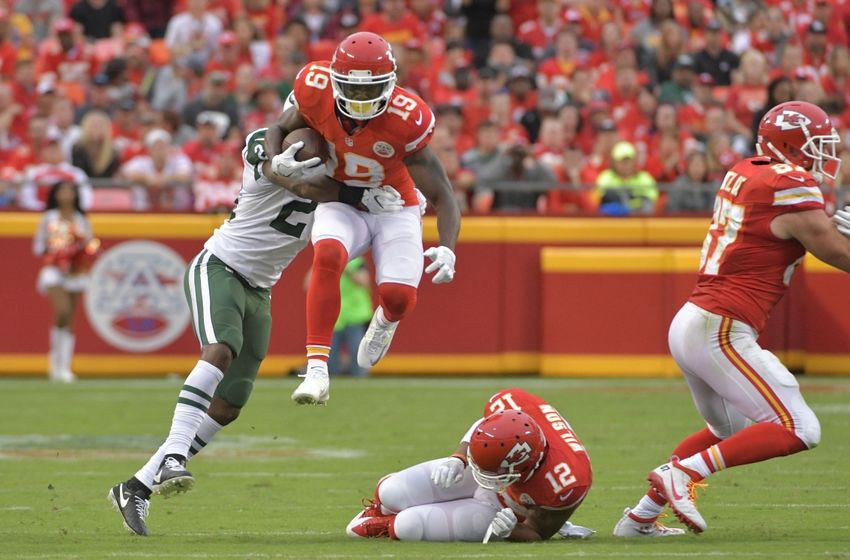 Sep 25, 2016; Kansas City, MO, USA; Kansas City Chiefs wide receiver Jeremy Maclin (19) leaps while running as New York Jets cornerback Darrelle Revis (24) attempts the tackle during the second half at Arrowhead Stadium. The Chiefs won 24-3. Mandatory Credit: Denny Medley-USA TODAY Sports